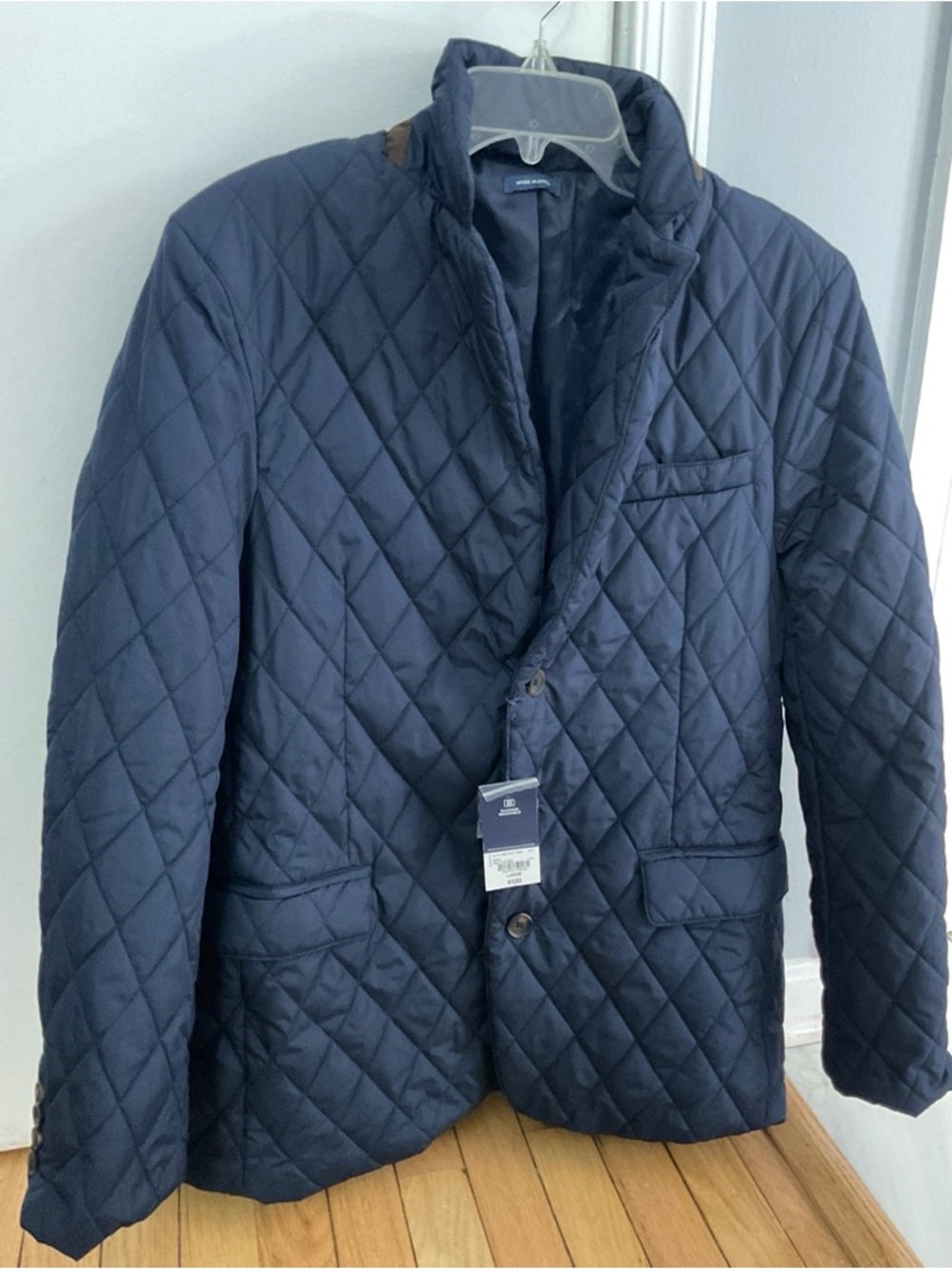 New with Tag Staford Size L Navy Blue Quilted Men’s Jacket with Brown elbow patc